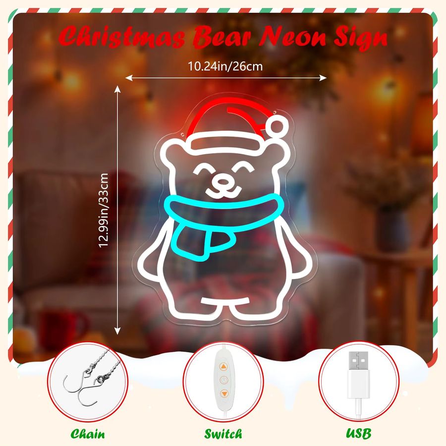 Wanxing Eisbär-Neonschild mit Weihnachtsmütze, dimmbares Leuchtschild als Wanddekoration für Weihnachten, Party und Kinderzimmer - Bild 2