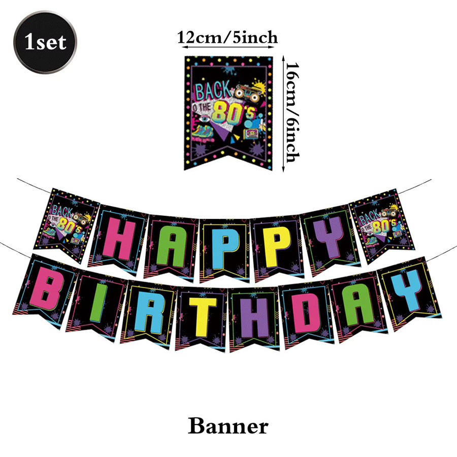 EsenTroye 80er Jahre Party Dekoration Set für Erwachsene in Multicolour mit Tischdecke, Banner, Kuchen Topper und Ballons im Retro Design - Bild 5