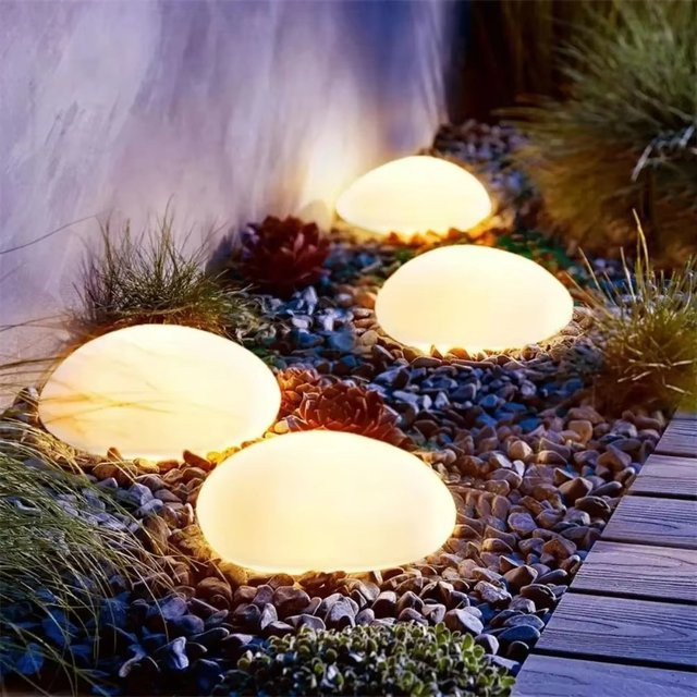 Leclstar Solarbetriebene LED-Gartenleuchte in Kieselsteinoptik, Warmweiß, Grau/Weiß - Bild 1