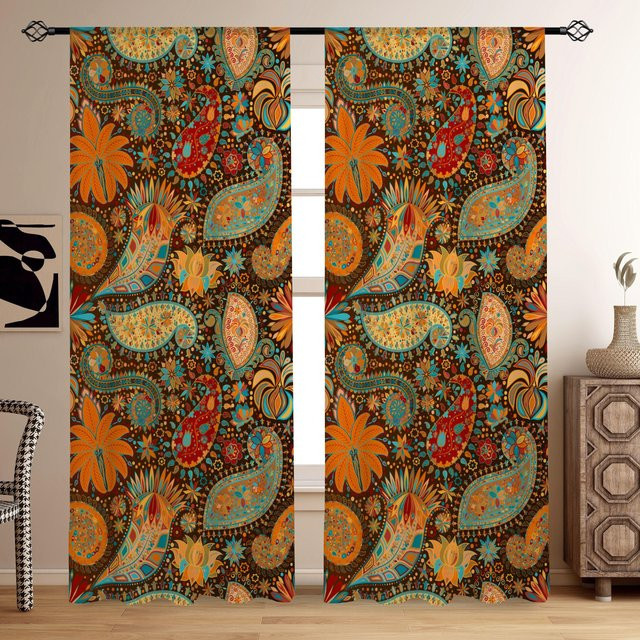 2-teiliges Yiran Furniture Fenstervorhang Set mit Vintage-Bohemia-Floral-Print, halbtransparent, Mehrfarbig, B: 50 cm, H: 130 cm - Bild 1