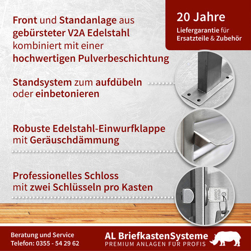 AL Briefkasten-System für 5 Parteien, freistehend, silberfarben, B/H/T: 153,378 x 150,0 x 11,6 cm - Bild 2