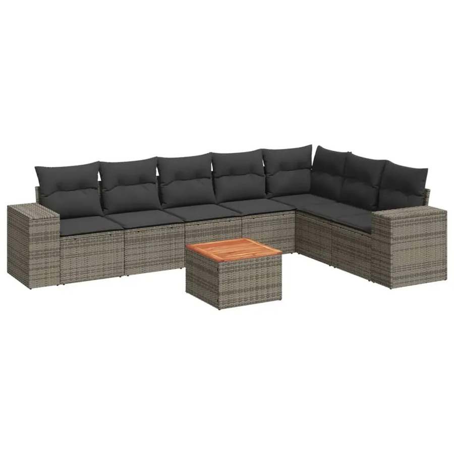 vidaXL 8-teilige Garten-Sofagarnitur in L-Form aus grauem Poly-Rattan mit Kissen und Akazienholz - Bild 2