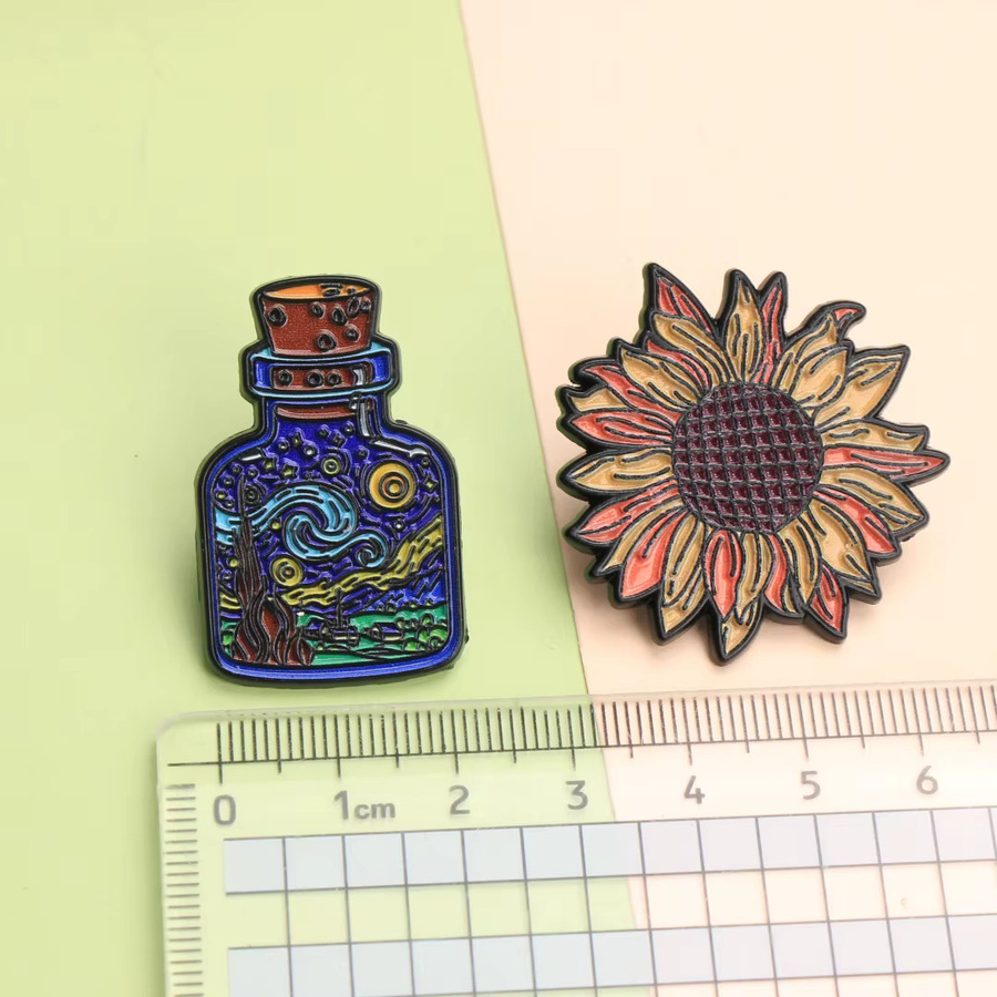 Anstecknadeln Sternennacht-Flasche und Sonnenblumen-Emaille - Bild 3