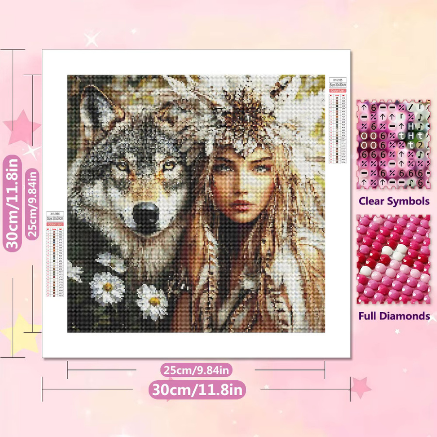 EverShine 5D Diamant-Stickerei-Set Wolf und Frau mit Federn im Boho-Stil, Multicolour, B/H: 20 x 20 cm - Bild 2
