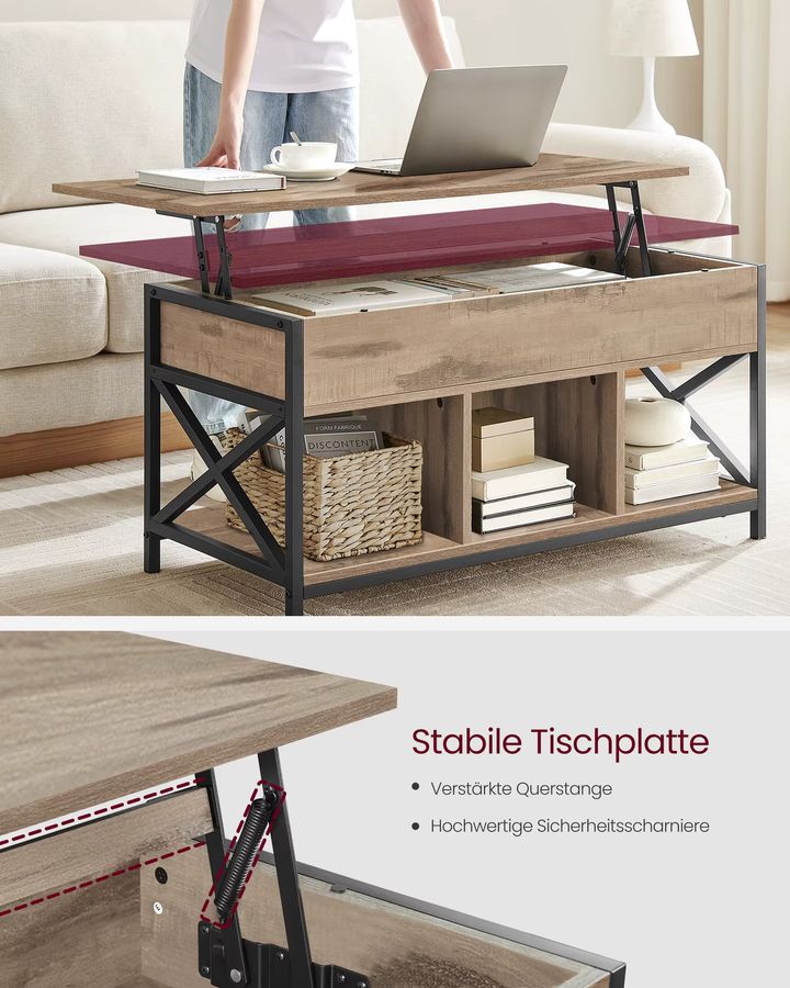 VASAGLE Couchtisch in Industrial Design mit höhenverstellbarer Tischplatte, verstecktem Stauraum und offenen Fächern, Farbe: Vintagebraun-Schwarz - Bild 4
