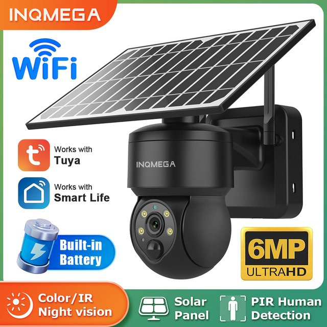 INQMEGA Tuya Smart Life Solar-Kamera mit 6MP Auflösung, WLAN PTZ Sicherheits-CCTV-Kamera, kabellos, PIR Menschenerkennung und Farbnachtsicht, IP65, Schwarz - Bild 1
