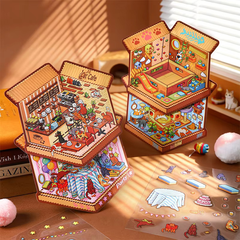 Katzenpark-Serie Landschaftsaufkleber Set mit 4 kreativen Katzen-Pixel-Paradies Motiven für dein DIY Tagebuch und Scrapbook in Multicolor - Bild 1