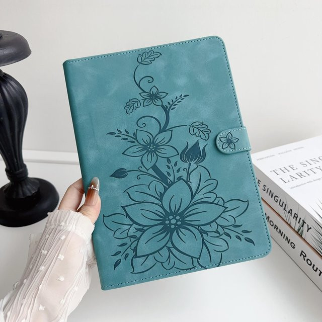 Samsung Galaxy Tab S7 FE Hülle aus PU-Leder mit floralem Prägedesign in Grün - Bild 1
