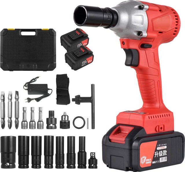 Kkmoon 21 V kabelloser bürstenloser Schlagschrauber Set mit 1/2-Zoll-Bohrfutter, 320 Nm Drehmoment und 2 Akkus in Rot - Bild 1