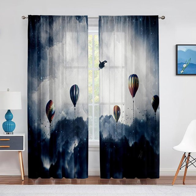 Transparenter Tüll-Vorhang Super Six mit Heißluftballon-Motiv über Schneeberg, Blau, Breite: 100 cm, Höhe: 250 cm - Bild 1