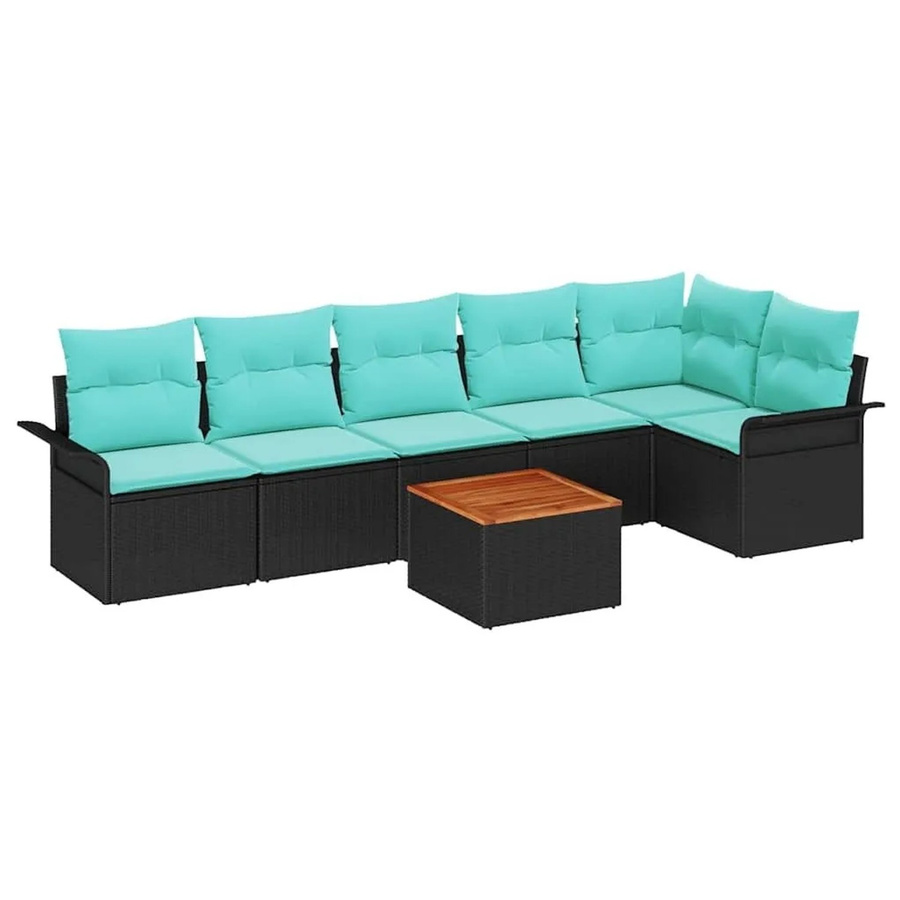 vidaXL Gartensofa-Set 7-teilig aus Poly-Rattan in Schwarz-Türkis mit Polsterung und Tisch - Bild 2