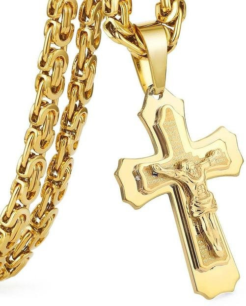 Wucifang Jewelry Halskette mit Kreuz Anhänger, Edelstahl, Gold, Herren, 60 cm - Bild 1