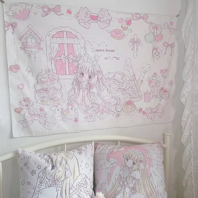 VIKAMA Wandbehang Dreamy Healing mit Herz, Cake und Bow in Pink und Purple, Boho Ästhetik Wanddeko für Schlafzimmer und Wohnheim, B: 95 cm, H: 73 cm - Bild 1
