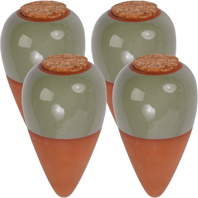 Relaxdays Bewässerungskegel aus Keramik in Grün mit Korkdeckel, 4er Set, 350 ml - Bild 1