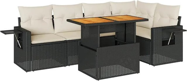 vidaXL 6-teilige Garten-Sofagarnitur in L-Form aus Poly-Rattan und Akazienholz mit Kissen in Schwarz-Creme - Bild 1