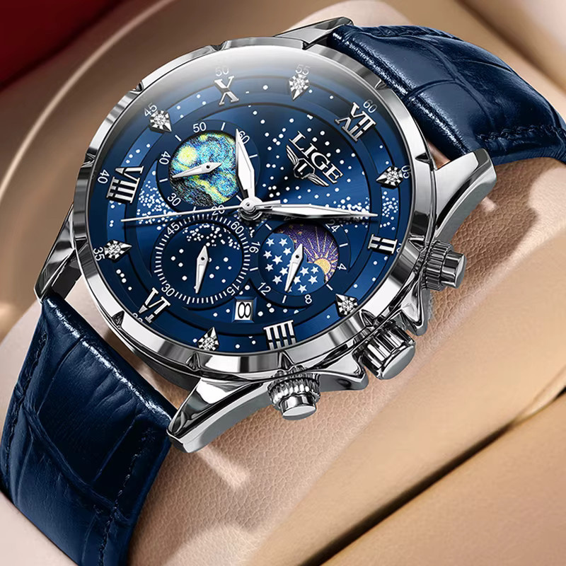 Lige Armbanduhr Quarz, Leder, Edelstahl, Blau, Herren - Bild 4