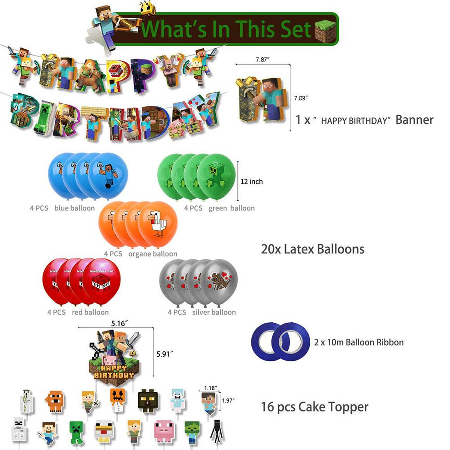 Skyfree Geburtstagsparty Zubehör Set im Pixel Thema mit Cake Topper, Banner und Luftballons in Mehrfarbig - Bild 4