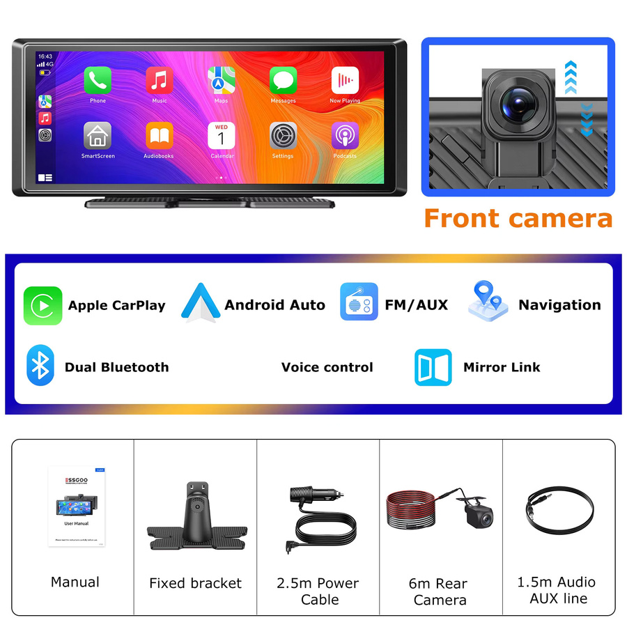 ESSGOO Universelles tragbares CarPlay Autoradio mit 8,1 Zoll 4K+1080P Dual-Objektiv Dashcam, Android Auto, Bluetooth, AUX und Rückfahrkamera in Schwarz - Bild 6