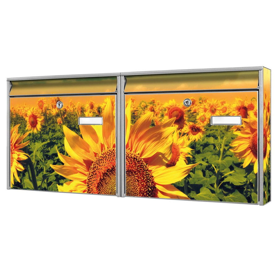 banjado Burg Wächter Doppelbriefkastenanlage mit Sonnenblumen-Motiv in Silber und Mehrfarben, flexibel erweiterbar, personalisierbar, B/H/T: 32,2 x 72,5 x 10,0 cm - Bild 1
