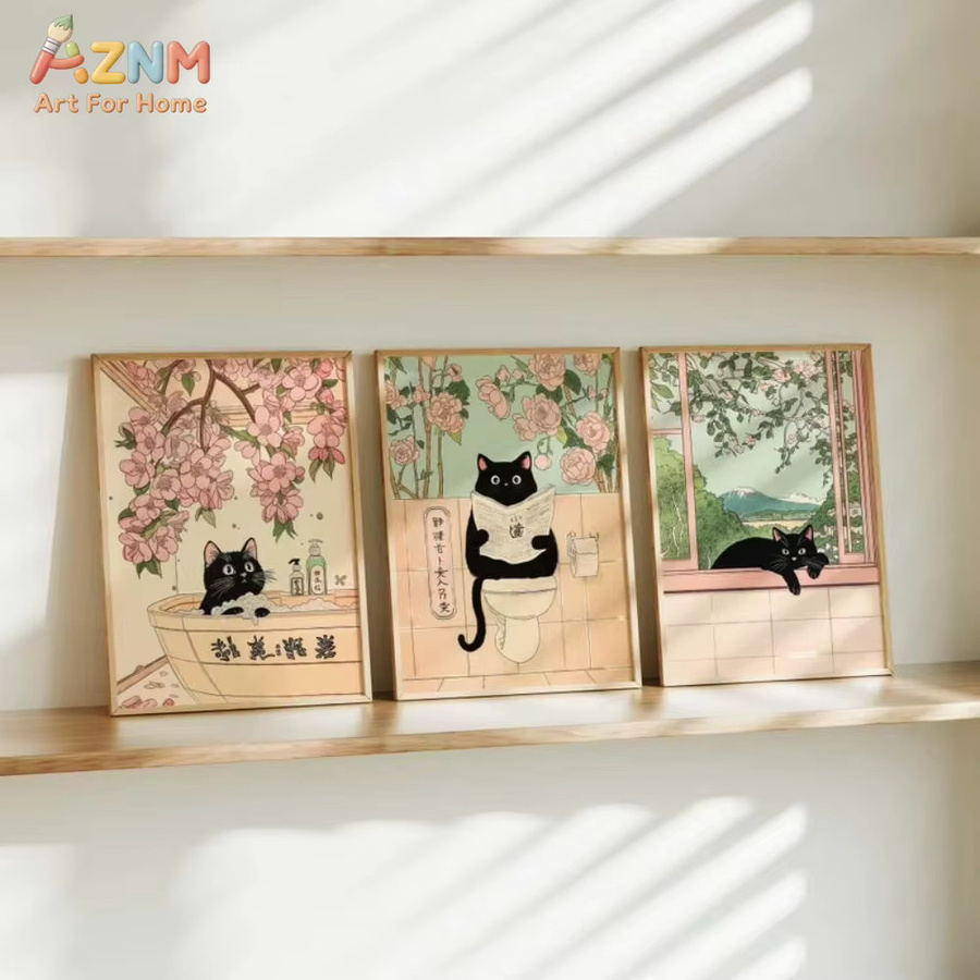 AZNM Leinwand-Wandkunst im japanischen Stil mit schwarzer Katze und Vintage-Blumenmuster, ungerahmter Druck für dein Badezimmer, mehrfarbig - Bild 2
