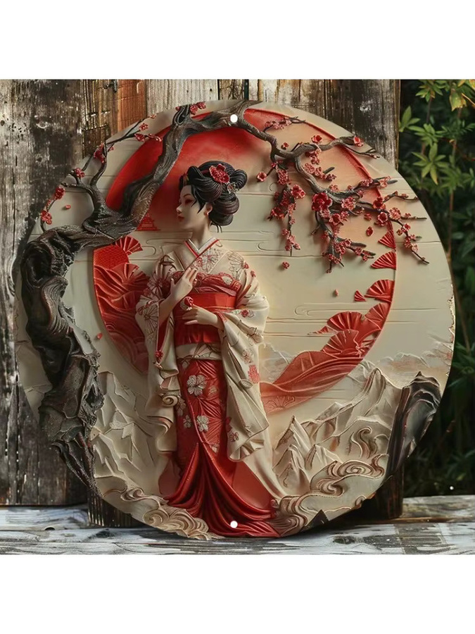 Amawe Aluminium-Wandkunst Japanischer Sonnenuntergang mit Frauenporträt, Rundes Metallschild in Multicolour, UV-beständige Dekoration für Innen und Außen - Bild 6