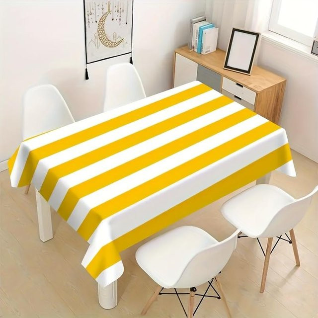 Gestreifte Tischdecke von JINGYUE Pet in Gelb und Weiß, rechteckige Polyester-Tischdecke mit vertikalen Streifen, B/T: 145 x 200 cm - Bild 1