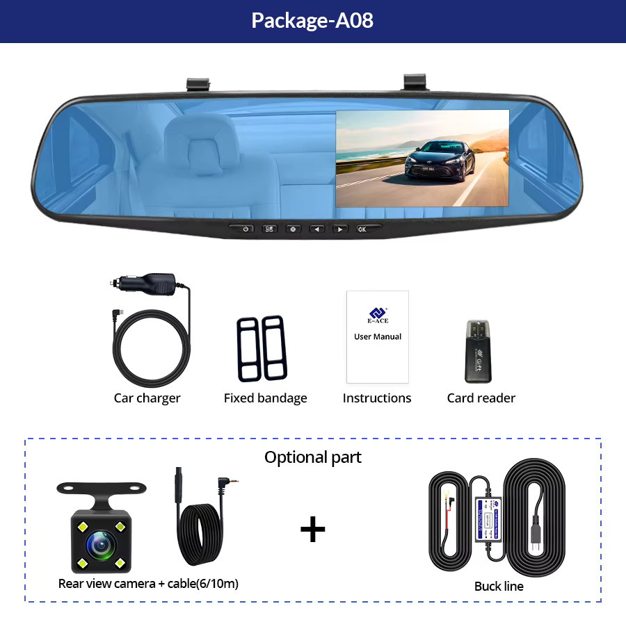 Acceo Mini Rückspiegel Dashcam mit 4,3 Zoll IPS Display, Vorder- und Rückkamera-Recorder, Schwarz - Bild 5