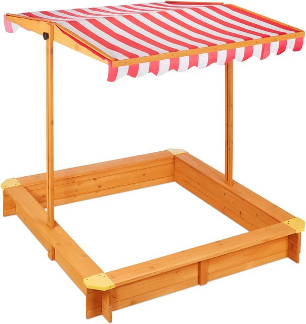 Relaxdays Sandkasten aus Tannenholz in Natur mit Dach und höhenverstellbarer Abdeckung, B/T/H: 117 x 117 x 117 cm - Bild 1