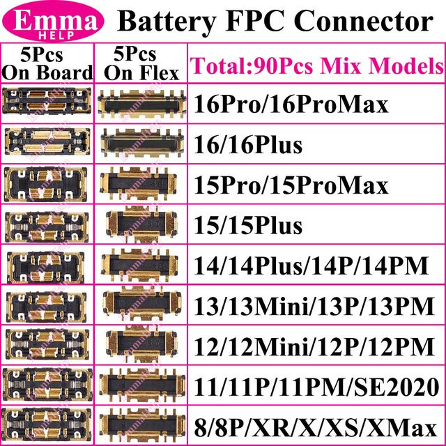 10 Stück EmmaHelp FPC-Batterieanschluss Innenclip-Stecker Flexkabel für iPhone 16 15 14 13 12 11 Pro Max Plus XS XR X 8 Plus in Gold - Bild 1