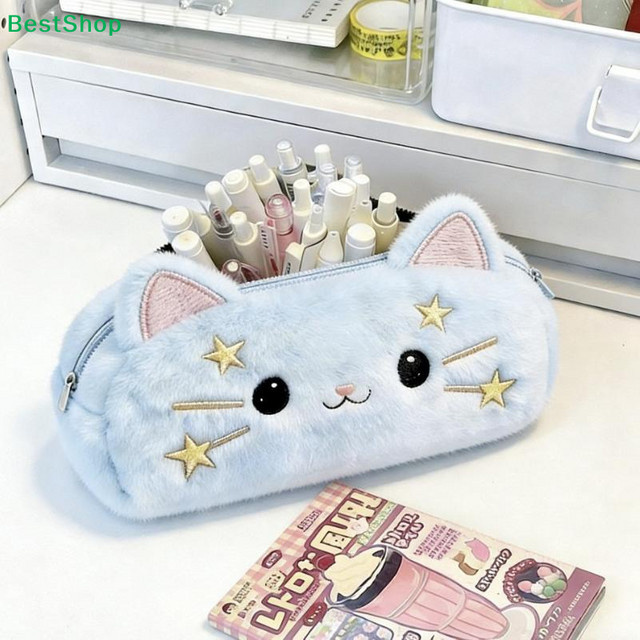 Cartoon Plüsch Federmäppchen Stern-Katze in Blau mit großem Stauraum für Schüler - Bild 1