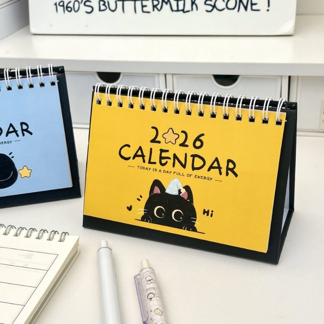 Kawaii-Katzen-Tischkalender 2026 mit niedlichem Cartoon-Design und motivierenden Zitaten, Anthrazit - Bild 1