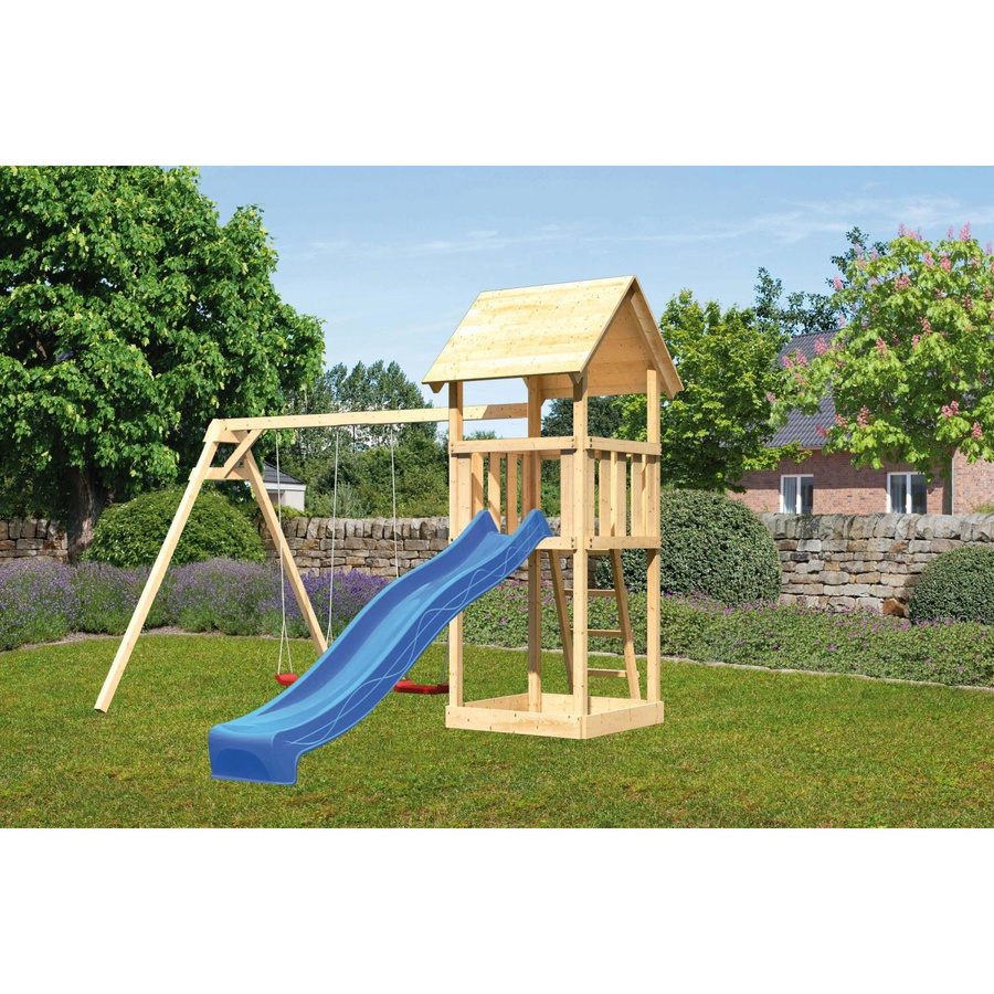 Karibu Spielturm Lotti mit Satteldach, Rutsche und Doppelschaukel in Blau und Braun - Bild 2