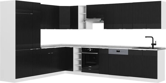Vicco Fame-Line Eckküche Schwarz gestreift und Weiß mit Marmor-Optik, B/T/H: 347 x 257 x 82 cm - Bild 1