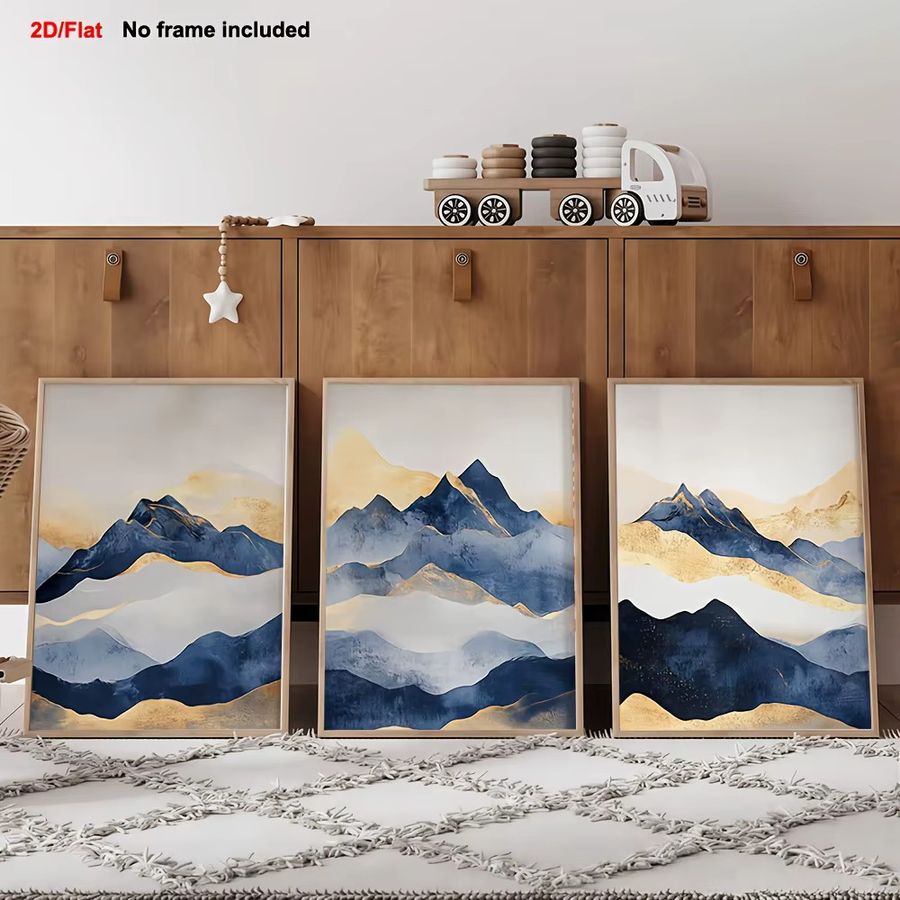 3er-Set moderne Leinwand-Wanddekoration mit abstraktem Berg-Motiv in Blau und Gold - Bild 4