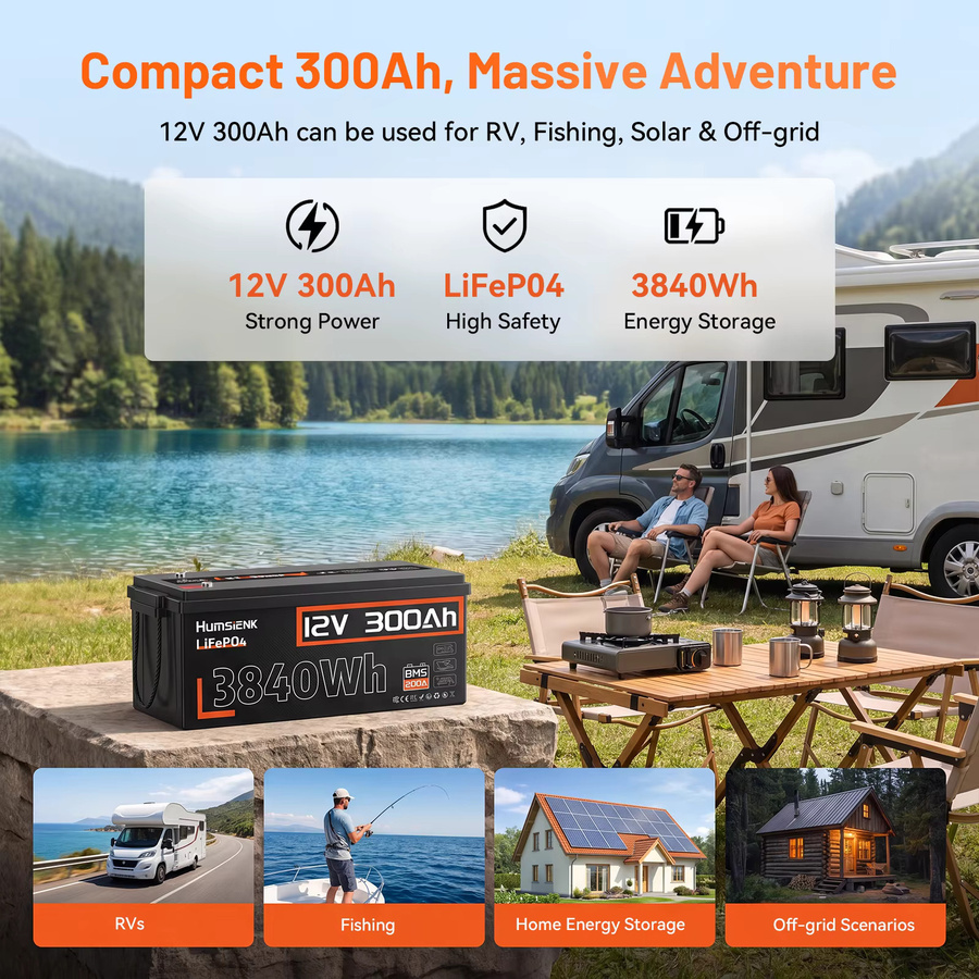 Humsienk LiFePO4 Batterie 12V 300Ah mit 3968Wh Energie und 200A BMS aus Grade A+ Zellen in Schwarz - Bild 5