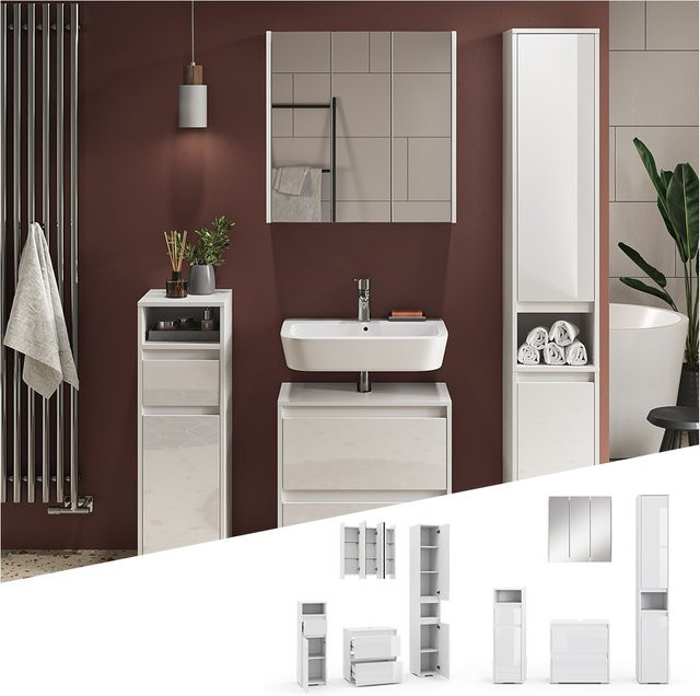 Vicco Badmöbel-Set Majest in Weiß Hochglanz, 4-teiliges Badezimmer-Möbelset mit Spiegelschrank, Waschbeckenunterschrank, Hochschrank und Midischrank - Bild 1
