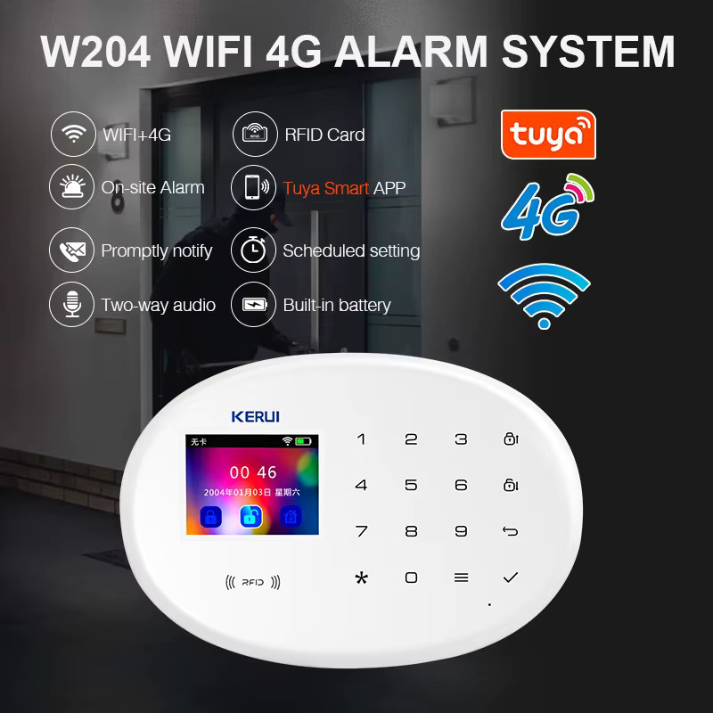 KERUI W204 4G GSM WIFI Smart Home Alarmsystem mit 2,4 Zoll Bildschirm, Tuya App Steuerung, RFID und Funk-Bewegungsmelder, Weiß - Bild 2