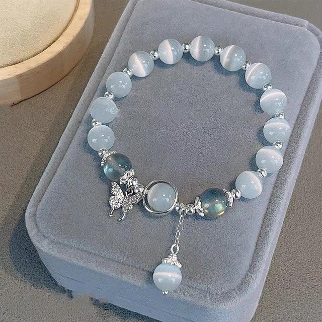 Armband, Katzenauge-Stein-Charm, Diamant-Schmetterlings-Anhänger, silber, Damen - Bild 1