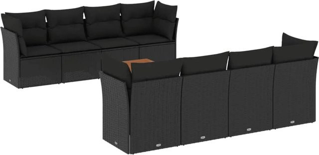 vidaXL 9-tlg Garten-Sofagarnitur aus Polyrattan in Schwarz mit Kissen und Tisch - Bild 1