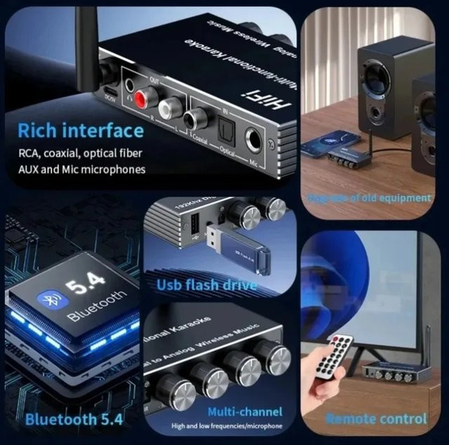 XIKCU Bluetooth 5.4 HIFI Audio-Konverter in Schwarz mit optischem und koaxialem Anschluss, RCA, AUX sowie U-Disk-Wiedergabe und IR-Fernbedienung für dein Heimkino-Stereo-Upgrade - Bild 1