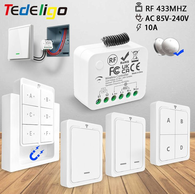 Tedeligo Kabelloser Fernbedienungs-Lichtschalter 433MHz 220V 110V 10A 2-Wege-Steuermodul mit Wandpanel-Schalter für LED-Lampen in Weiß - Bild 1