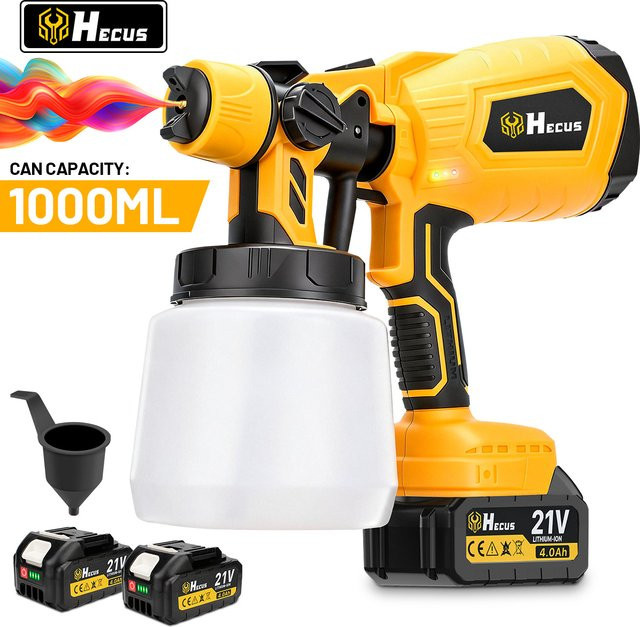 Hecus Elektrische HVLP Farbspritzpistole Kabellos für Makita 18V Akku, Gelb, 1000 ml - Bild 1