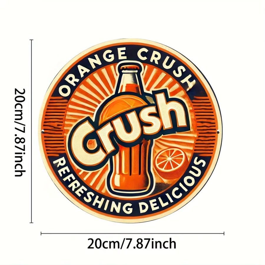 Potdemiel Orange Crush 2D-Metallschild aus Aluminium, rundes Vintage-Soda-Wandkunst-Design mit Sunburst-Hintergrund, Durchmesser: 20,3 cm - Bild 2