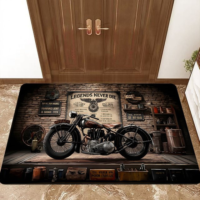 VIKAMA Vintage Motorrad-Garagen-Teppich mit Legends Never Die Motiv, rutschfest und waschbar, rechteckig, Multicolour, B/T: 60 x 40 cm - Bild 1