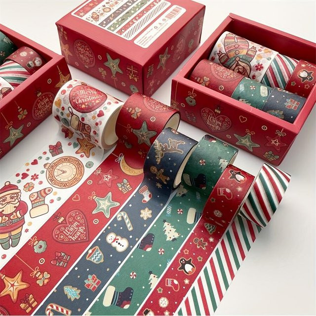 6 Stück Weihnachts Washi-Tapes aus Papier in Rot und Multicolour für Scrapbook, DIY und Geschenkverpackungen - Bild 1