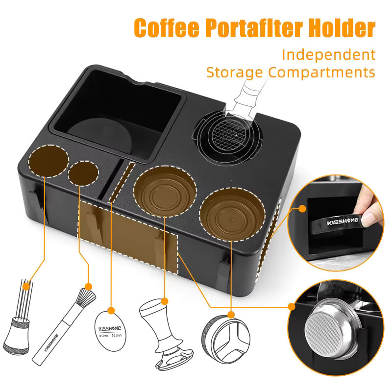 ALIKISSCAFE Espresso Zubehör Set mit Knock Box und Siebträger Halter Matte in Schwarz aus Kunststoff für 51mm, 54mm und 58mm - Bild 3