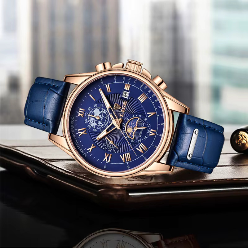 LIGE Armbanduhr Chronograph, Quarz, Edelstahl, Blau, Herren - Bild 3
