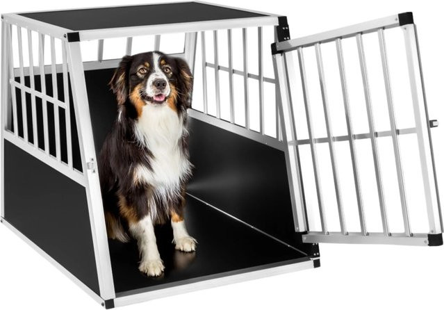 tectake Hundetransportbox Single Schwarz aus Aluminium und Holz mit schräger Rückwand und Gittertür B/T/H: 66 x 90 x 69,5 cm - Bild 2