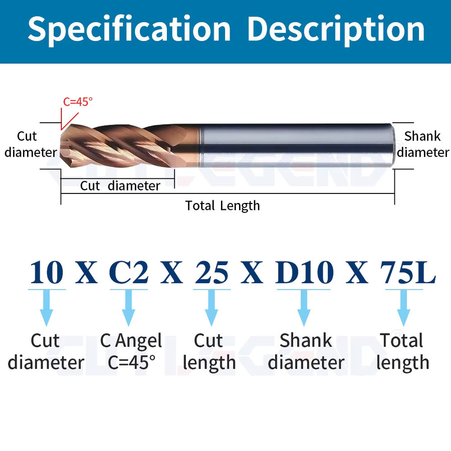 HRC60 C-Spitzenwinkel 45 Grad Eckenfase Fräser zum Entgraten, Hartmetall CNC-Werkzeug für Stahldurchmesser 3–12 mm, Farbe: Silber - Bild 3