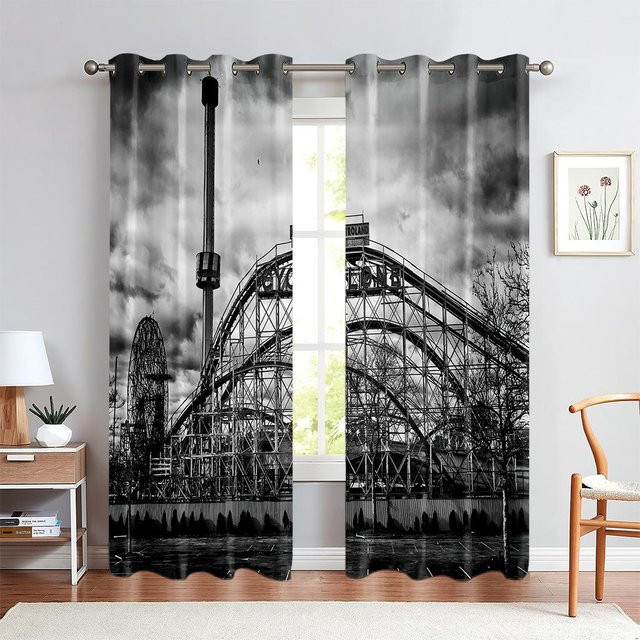 Yiran Furniture Vorhänge im Industriestil mit Stadtgebäude-Motiv, Schwarzweiß, 2 Stück, Breite: 50 cm, Höhe: 130 cm - Bild 1